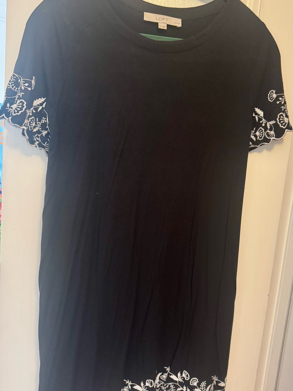 Loft Black Swing Dress with White Floral Embroidery on sleeves and bottom trim